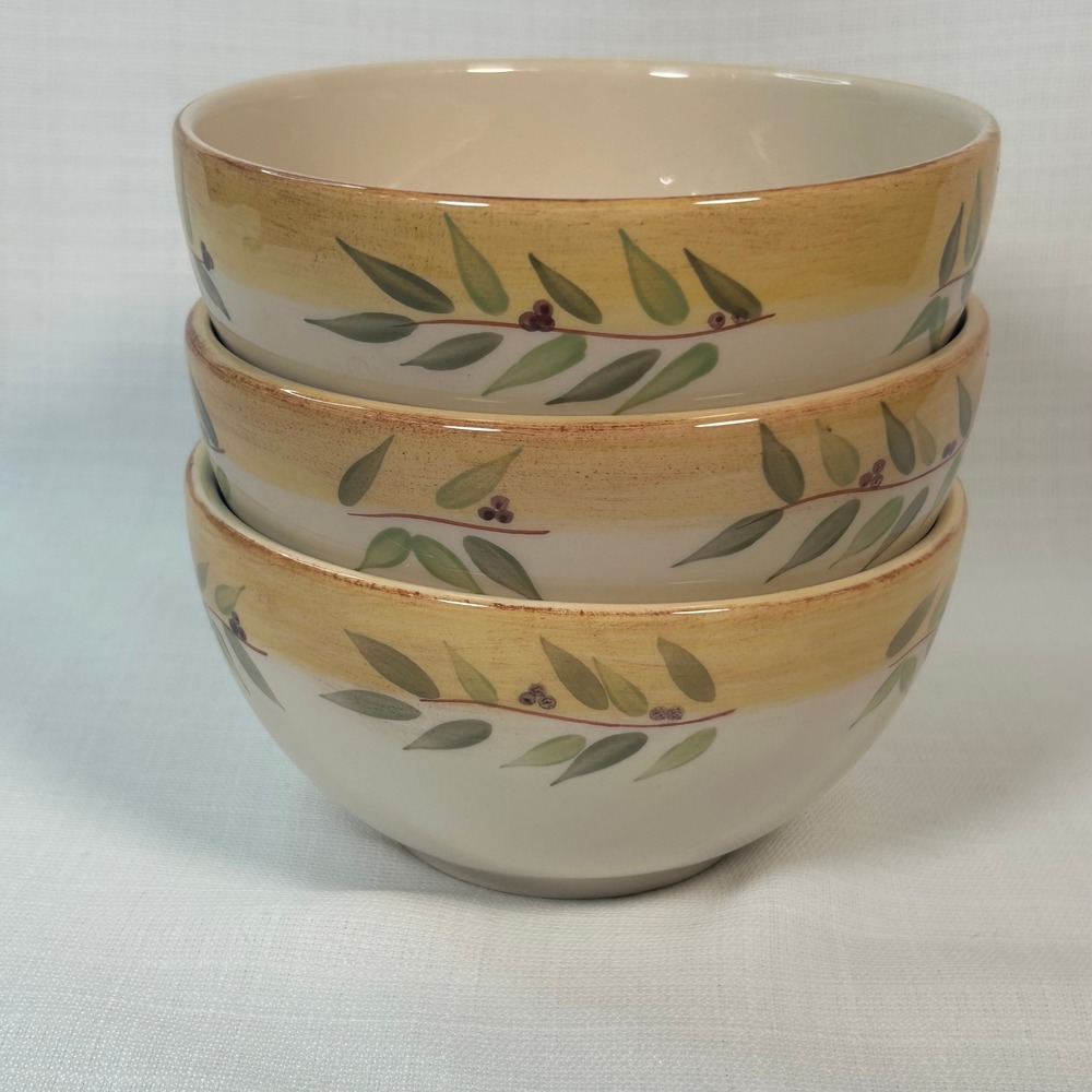 Crate & Barrel Brittany Bowls 5.75" Yellow Cream Olive Branch Portugal Set of 3